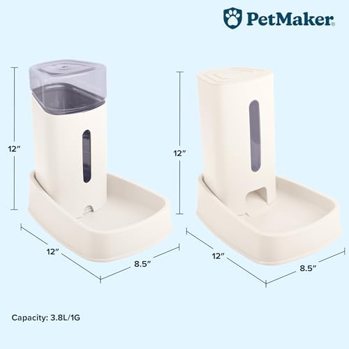 Automatic Cat Feeder and Water Dispenser - 2-Pack 3.8L/1G Pet Bowls - Gravity Automatic Cat and Dog Feeding Station - Pet Supplies by PETMAKER (White)