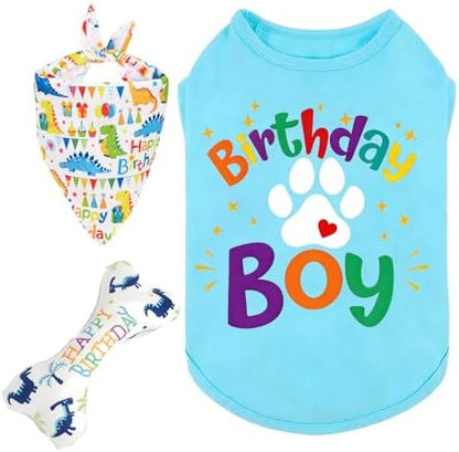 3-Piece Small Dog Happy Birthday Boy Shirt Blue Clothes & Bandanas & Toy Gift L by KireiSui
