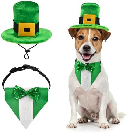 St. Patrick’s Day Dog Tuxedo with Green Bowtie Pet Irish Leprechaun Hat with Belt Buckle Dog Patricks Costume Set Lucky Themed Outfits for Cats Puppies Dogs （S） by PetToysSupplies