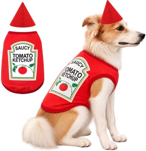 2 Pcs Tomato Ketchup Halloween Dog Costume Set 3XL Themed Pet Outfit with Matching Cone Hat Sleeveless Printed Tank Top for Medium Large Dogs Holiday Party Dress Up by Unknown