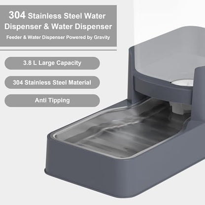 Automatic Cat Feeder and Water Dispenser in Set with Pet Food Bowl,Gravity Dog Waterer and Food Feeder for Small Medium Dog Cat Puppy Kitten Large Capacity(3.8L,Grey,Stainless Steel Bowl)