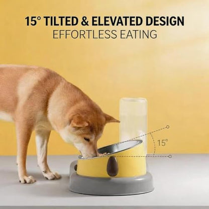 3-in-1 Dog Bowl with Automatic Water Dispenser & Slow Feeder, 15° Tilted Elevated Pet Bowl, Detachable Stainless Steel Food Bowl, Anti-Choking Maze for Small & Medium Dogs (Yellow)