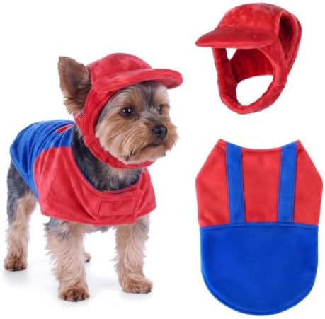 Dansydaisy Dog Halloween Costume Set Funny Red Overalls Outfit with Hat Retro Buddy Themed Dog Clothes for Cosplay Party(Small) by Dansydaisy