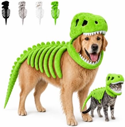 Pet Dinosaur Skeleton Costume for Cat Dog Halloween (Green 35.4in) by Unknown