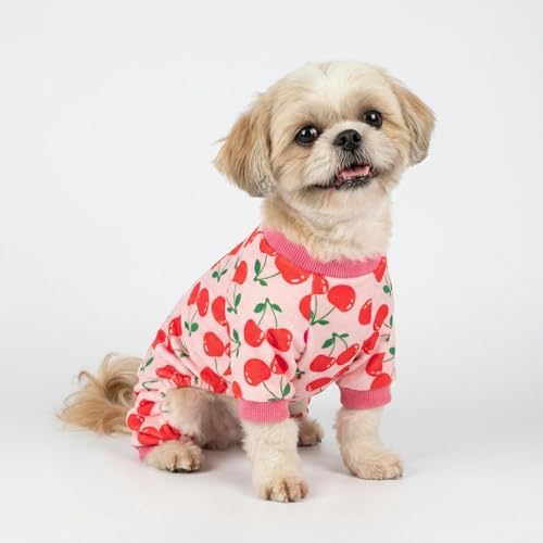 Fitwarm Cute Cherry Dog Pajamas, Warm Dog Onesie with Feet, Dog Clothes for Small Dogs Girl, Fleece Pet Outfit, Pink, Red, Medium - Image 4