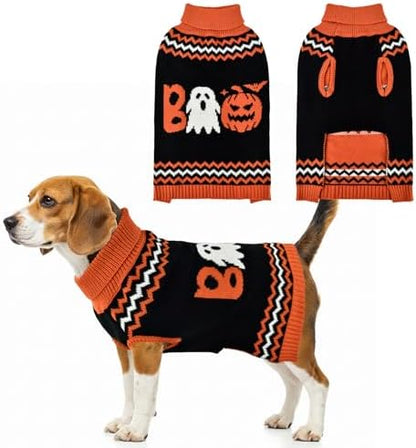 Halloween Dog Stripe Sweater Cute Pumpkin Ghost Pattern Pet Knitwear Clothes Festival Boo Letters Outfits Halloween Costume for Small Middle Large Dogs L by LyssKMK