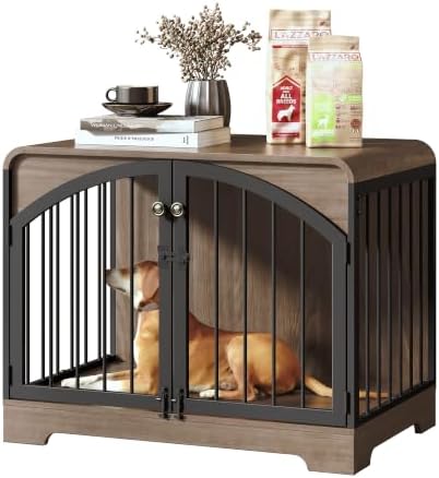 31.5" Farmhouse Dog Crate Furniture for Small Dogs, Decorative Pet House End Table, Wooden Dog Kennel Furniture Indoor, Light Walnut