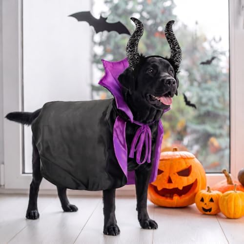 2 Pcs Dog Halloween Costume Set Cat Witch Vampire Cape Devil Horns Hat Holiday Clothes for Cat Puppy Halloween Party Pet Outfits (Purple) XL - Image 3