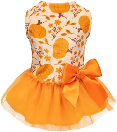 Fitwarm Pumpkin Flower Dog Dress, Thanksgiving Outfit for Small Dogs Girl, Fall Pet Outfit, Beige, Orange, XXS by Fitwarm