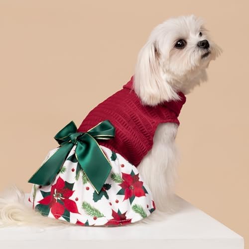 Fitwarm Christmas Poinsettia Flower Dog Turtleneck Dress, Holiday Clothes for Small Dogs Girl, Pet Festive Outfit, Red, White, Small - Image 2
