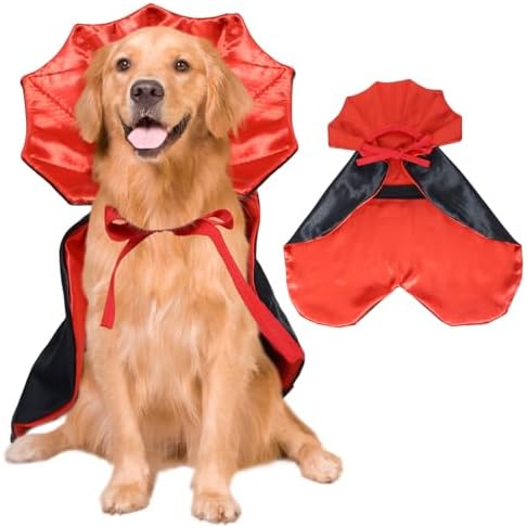 ROSAUI Halloween Pet Vampire Cape – 23.62″ Adjustable Red & Black Costume for Large Dogs (Golden Retriever, Labrador, German Shepherd) Spooky Cloak with Stand-Up Collar (L Size) by ROSAUI