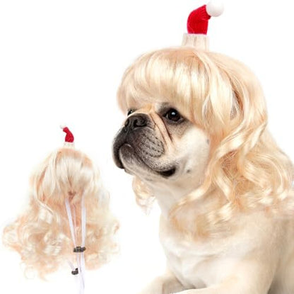 HOWWFALY Dog Costume Long Blonde CurlyWigs with Small Red Christmas Hat StylingCute Funny Pet Costumes AccessoriesDecoration for Halloween, Christmas, Parties by HOWWFALY