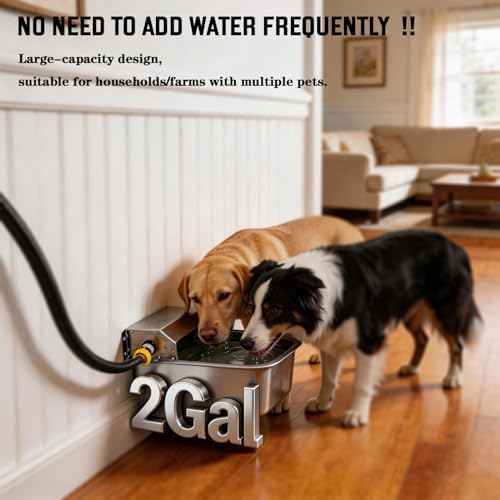 Automatic Dog Water Dispenser 2 Gallons, 304 Stainless Steel Dog Water Bowl for Indoor/Outdoor, Large Water Bowl for Pets & Livestock, Anti Tip, Wide Mouth, Water Auto Fill, Fit GHT 3/4" Faucet