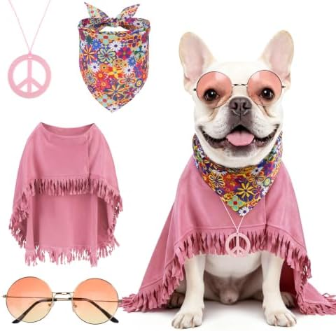 PAWCHIE Halloween Dog Hippie Costume Set 60s 70s, Pet Costume Accessories Includes Hippie Fringed Cape Bandana Glasses and Peace Necklace, Adjustable Boho Pet Outfit for Small Dogs Party Photo, Pink S by PAWCHIE