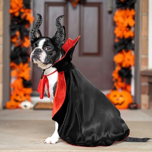 2 Pcs Dog Halloween Costume Set Cat Witch Vampire Cape Devil Horns Hat Holiday Clothes for Cat Puppy Halloween Party Pet Outfits (Red) L - Image 2