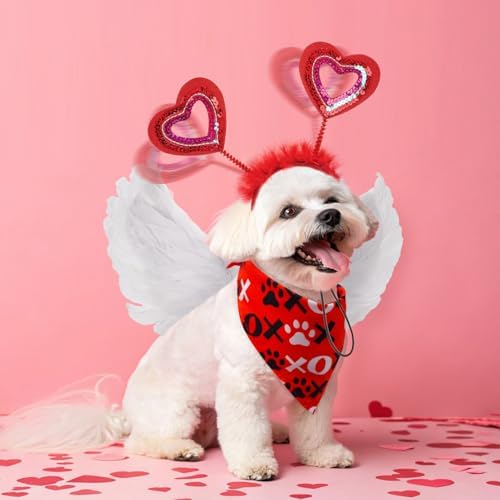 SCENEREAL Dog Valentine's Day Outfit, White Feather Wing & Heart Headband & Bandana Set, Red Puppy Kitty Party Supplies for Small Medium Dogs Cats, Pet Costumes - Image 3