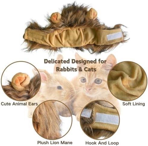 Lion Mane Wig for Rabbit Cat Halloween Costume Adjustable Pet Hat Lion Hair Cap Headwear Rabbit Clothing Accessories Cosplay Outfit Photo Shoot for Bunny Kitten Puppy Dog (Brown, Medium) - Image 3