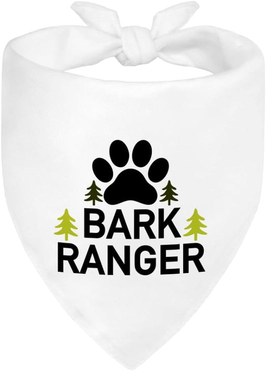 Bark Ranger White Dog Bandana, Funny Gifts for Dog Lover Mom Dad, Puppy Scarf Photo Prop for Explore Outdoor Adventure Hiking Camping Mountain, Gifts for Ranger, Pet Scouts Bandana