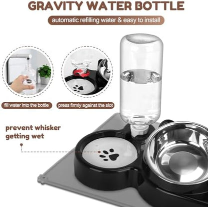 Cat Food and Water Bowl Set, Stainless Steel Raised Cat Bowls with Automatic Water Bottle & Waterproof Mat for Cats/Puppies, 3 in 1 Pet Feeding Station for Wet/Dry Food, Black