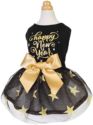 Fitwarm Happy New Year Dog Dress, Sparkly Dog Clothes for Small Dogs Girl, Holiday Pet Tutu Dress, Cat Outfit, Black, Gold, Small - Image 5