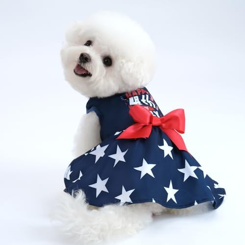 XPUDAC 4th of July Dog Dress Patriotic Clothes Stars Skirt with Bow Independence Day Doggie Outfit Pet Holiday Apparel for Small Dog Girl Cat, XXS by XPUDAC