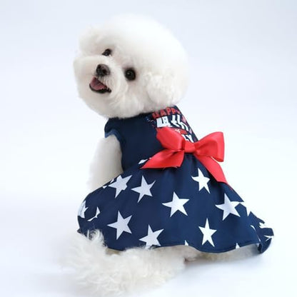 XPUDAC 4th of July Dog Dress Patriotic Clothes Stars Skirt with Bow Independence Day Doggie Outfit Pet Holiday Apparel for Small Dog Girl Cat, S by XPUDAC