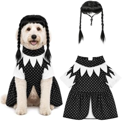 Dog Halloween Costume with Braided Wig, Vintage Printed Black Collar Dress for Small Medium Dogs, Creepy Doll Pet Cosplay Outfit, Spooky Gothic Party Apparel (11-44 lbs) by VISTARAFT