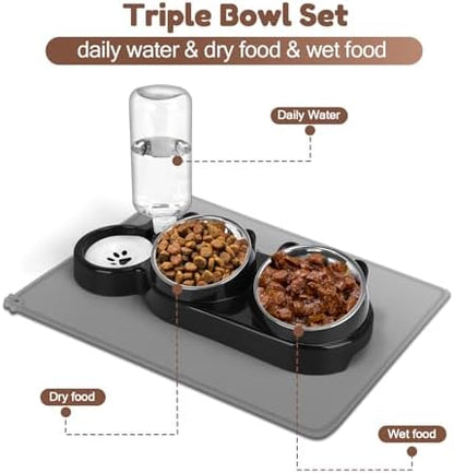 Cat Food and Water Bowl Set, Stainless Steel Raised Cat Bowls with Automatic Water Bottle & Waterproof Mat for Cats/Puppies, 3 in 1 Pet Feeding Station for Wet/Dry Food, Black