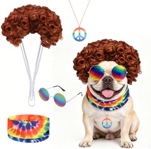 Dog Halloween Costumes,4Pcs Hippie Pet Outfit Wig Rainbow Sunglass Peace Necklace Tie-dye Bandana, Adjustable Funny Cat Cosplay Decoration for Christmas Party Festival Small Medium Large Dogs Girl Boy by KOOLTAIL