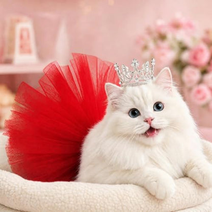 Pet Costume Set Tutu Skirt with Pearl Crown for Small Dog Cat Halloween Birthday Wedding Photo Prop Costume (Red) - Image 4