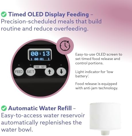 Feeding Friend® Automatic Dog & Cat Food Feeder with Water Dispenser, Smart Portion Control, OLED Display, Anti-Jam Design, Battery Operated, XS 4–15 lbs Pets, Black