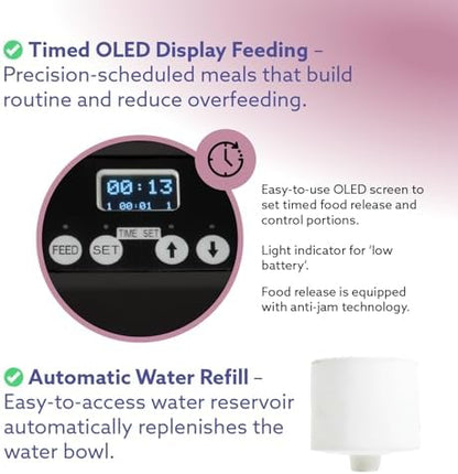 Feeding Friend® Automatic Dog & Cat Food Feeder with Water Dispenser, Smart Portion Control, OLED Display, Anti-Jam Design, Battery Operated, XS 4–15 lbs Pets, Black