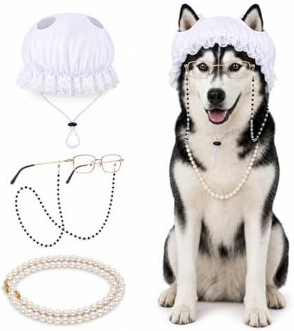 3 Pcs Dog Grandma Costume, Old Lady Mop Cap Pearl Necklace Granny Glasses by Peesoou