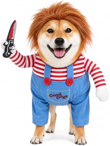 Deadly Doll Dog Costume for Small Medium Large Dogs, Funny Pets Cosplay Halloween Dog Clothes for Party, Walking Illusion Puppy Outfit with Wig and Knife by Unknown