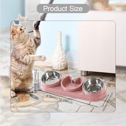 Triple Cat Bowls Pet Feeder with Water Dispenser 15° Tilted Wet and Dry Food Bowl Set for Small Dogs and Cats-