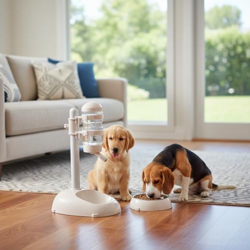 Cryfokt Pet Standing Water Dispenser, Plastic Height Adjustable 500ml Capacity Dog Water Bottle Dispenser Automatic Dog Feeding Station Food for PuppyBowl (Beige)