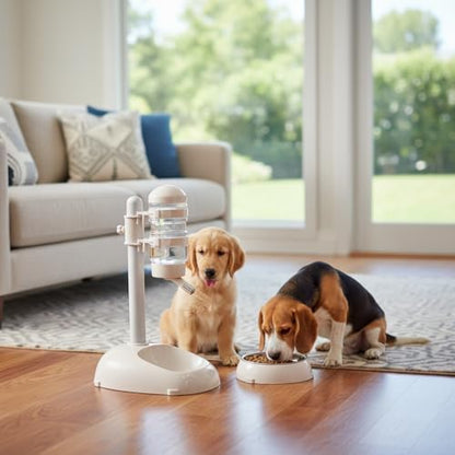 Cryfokt Pet Standing Water Dispenser, Plastic Height Adjustable 500ml Capacity Dog Water Bottle Dispenser Automatic Dog Feeding Station Food for PuppyBowl (Beige)