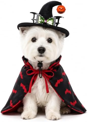 Halloween Pet Costume Set, Vampire Bat Cape with Witch Hat, Adjustable Pet Halloween Outfit for Small Medium Dogs Cats, Pet Cosplay Costume for Halloween Party Photo Props by Bekecidi