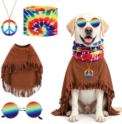 PAWCHIE Halloween Dog Hippie Costume Set 60s 70s, Pet Costume Accessories Includes Hippie Fringed Cape Scarf Glasses and Peace Necklace, Adjustable Boho Pet Outfit for Large Dogs Party Photo, Brown L by PAWCHIE