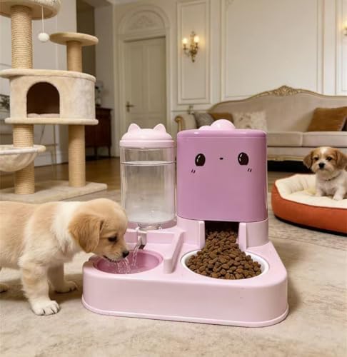 Pet Automatic Feeder Cat Dog Feeding Bowl Food Water Dispenser with Refillable Storage Container Large Capacity Rabbit Feeder Watering Bowls (Pink)