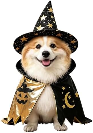 Halloween Dog Costume Witch Cloak Cape Wizard Hat Pet Cat Dog Witch Costumes Adjustable Halloween Costume Set Carnival Holiday Party Supplies Cosplay Clothes by HUSABEY