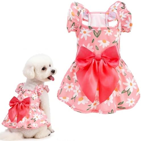 EXPAWLORER Dog Dress with Sleeve Ruffles, Floral Pet Dresses with Bow Tie for Small Meduim Dogs Puppy Cats Girl, Cute Princess Dog Dresses Skirt Clothes Outfits for Spring Summer, Pink S by EXPAWLORER