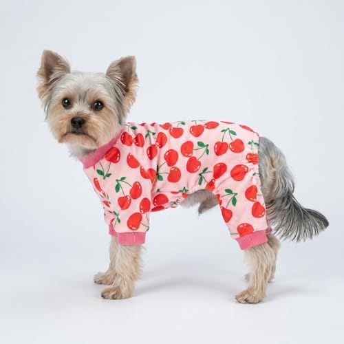 Fitwarm Cute Cherry Dog Pajamas, Warm Dog Onesie with Feet, Dog Clothes for Small Dogs Girl, Fleece Pet Outfit, Pink, Red, XS - Image 2