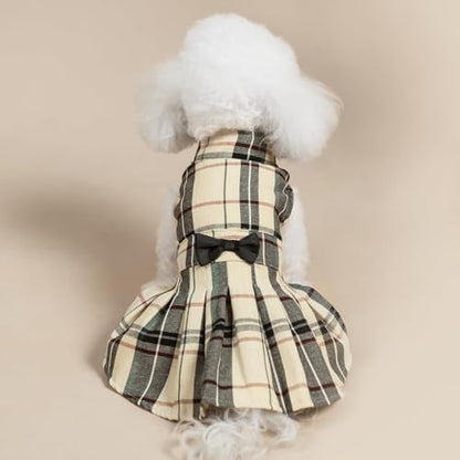 PUPTECK Classic Beige Plaid Dog Dress with Bow Puppy Skirt Clothes L - Image 6