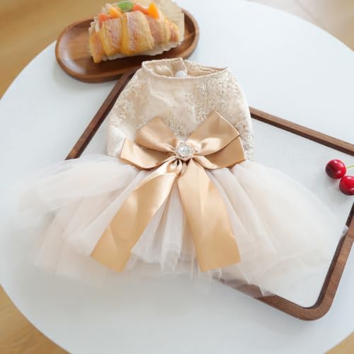 Handmade Floral Dog Dress with Bow, Princess Lace Pet Dress for Small Dogs and Cats, Lightweight Puppy Outfit N-Champagne X-Small - Image 3