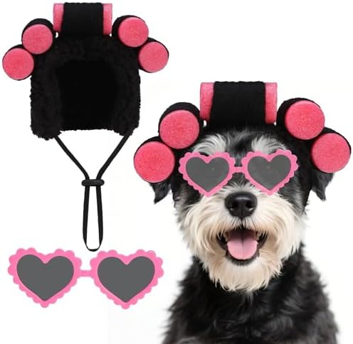 EXPAWLORER Dog Halloween Costume, 2 Pack Funny Doggie Cosplay Landlady Curler Wig with Love Glasses, Adjustable Headwear Dress Up Holiday Apparel for Party for Small Medium Large Dogs Puppies Cat Pink by EXPAWLORER