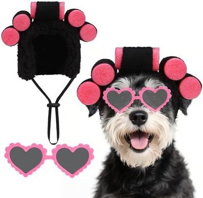 EXPAWLORER Dog Halloween Costume, 2 Pack Funny Doggie Cosplay Landlady Curler Wig with Love Glasses, Adjustable Headwear Dress Up Holiday Apparel for Party for Small Medium Large Dogs Puppies Cat Pink by EXPAWLORER