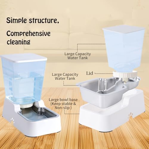 Meikuler Automatic Dog Cat Water Dispenser Large Capacity 5Lfor Cats and Medium and Large-Sized Dogs with Stainless Steel Bowl (White, 5L)