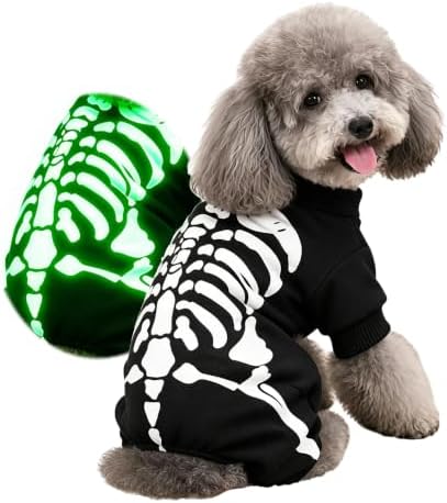 Dog Skeleton Costume Glow in the Dark Pet Cat Halloween Jumpsuit 4 Legged Onesie for Puppy Small Dog Cat, L by Maigllra