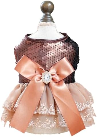 Handmade Floral Dog Dress with Bow, Princess Lace Pet Dress for Small Dogs and Cats, Lightweight Puppy Outfit L-Coco Golden X-Small by MaruPetyourkidsfriends